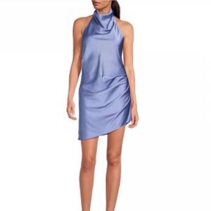 Gianni Bini Peyton Ruched Satin Cowl Neck Sleeveless Open Blue Mini Dress Sz 14